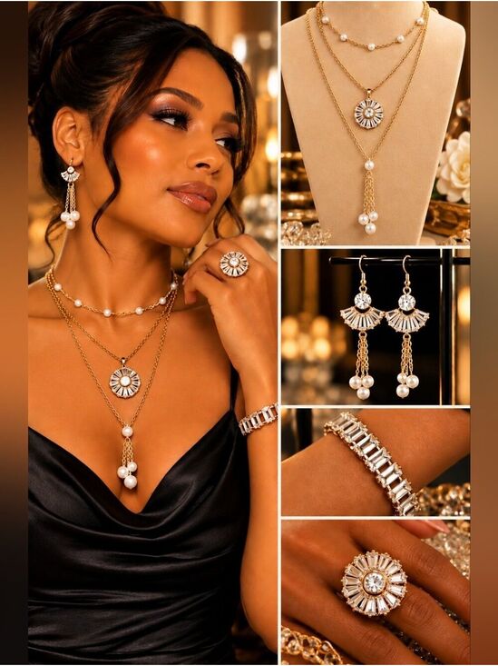Jewelry - 5pc Gold Rhinestone & Baroque Pearl Jewelry Set | Layered Necklace Set
